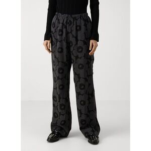 New Marimekko Moreski Unikko Cupro Printed Wide Leg Pants Black XS